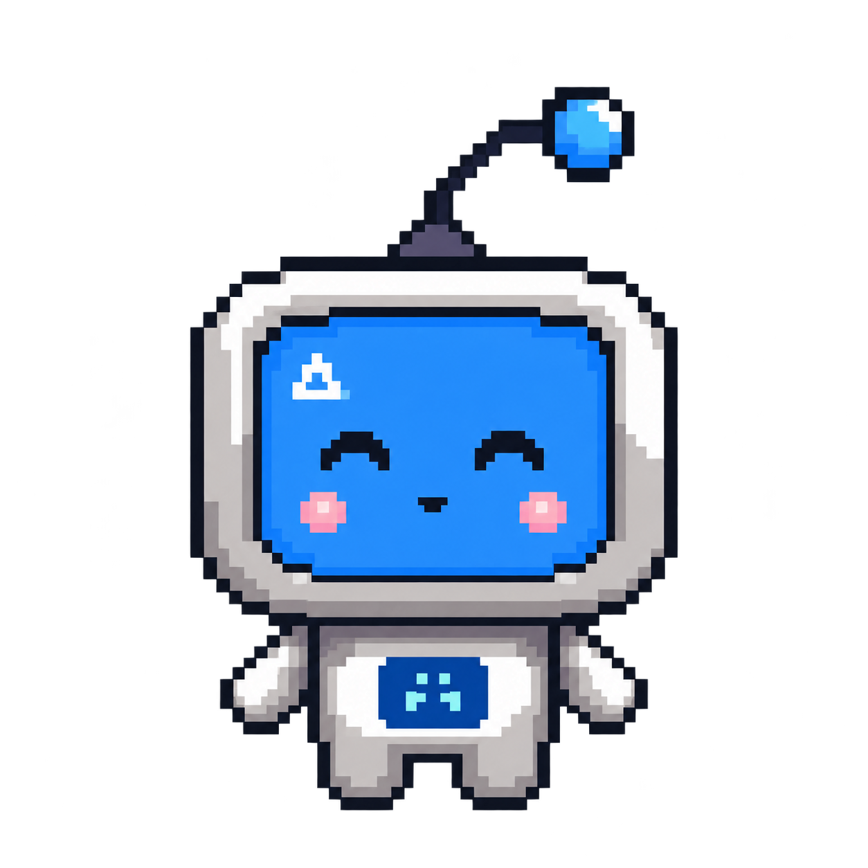 Piko, a smiling pixel-art robot with a blue face, a white body and a bright blue antenna.